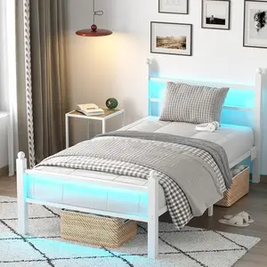 Modern Metal Bed Frame w/ Headboard + Footboard | Charging Station & LED Lights