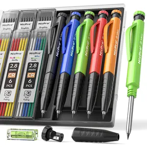 Nicpro 3-IN-1 Deep Hole Marker Mechanical Carpenter Pencils Set - Heavy Duty Woodworking Tool with Sharpener, Finger Grip, Refills, Case for Architects (Office Technical Drawing Supplies), Architect