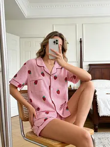 Women's ins Cute Striped Strawberry Print  Pajama Set Pjs, Two-Piece Short Sleeve Button-Up Shirt and Shorts, Comfy Loungewear for All Seasons