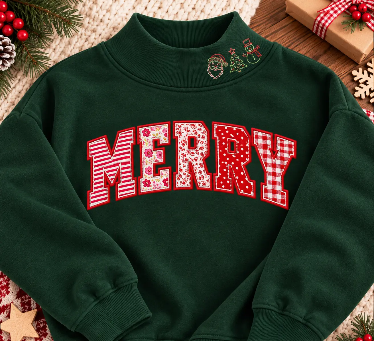 Merry Embroidered Mockneck Sweatshirt, Christmas Applique Patchwork Pullover, Preppy Holiday Crewneck