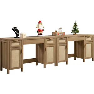 SICOTAS Rattan Vanity Home Office Desk - 52" Large Farmhouse Boho Makeup Vanity Dressing Table with 3 Drawers & 2 Storage Cabinets,  Vanities Desk for Makeup Room, Home Office, Natural Oak