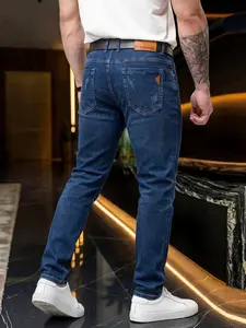 Men's slim-fit straight-leg jeans in blue with micro-elasticity, Lightweight Slim Fit, featuring a sharp and smooth silhouette, adorned with a leather label on the back pocket for added sophistication, suitable for various semi-formal occasions, Casual