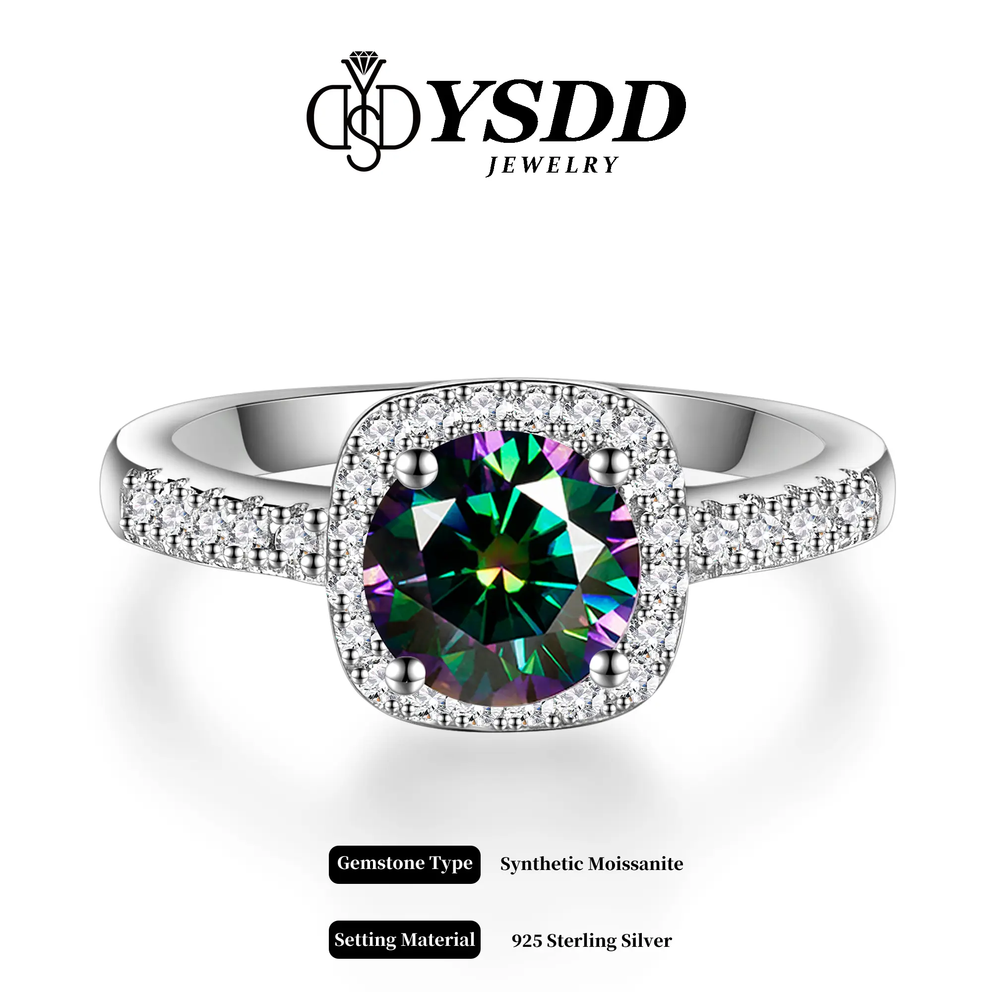 【#74 Peacock Blue】Square Halo 0.5-2ct Peacock Blue Color VVS1 Clarity Coloured Synthetic Moissanite Engagement Rings in 925 Sterling Silver Ideal Gift for Women