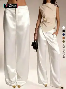 Women's Satin Smooth Solid Color Pants With Pockets And Zipper, Suitable For Vacation, Office, Brunch, Airport Outfit, All Seasons Spring, Minimalist