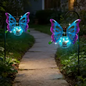 Blue Metal Butterfly Pendant Lights, Solar Garden Lanterns Outdoor Cute Hanging Decorations, Porch Corridor Garden Tree Decoration Gift, Outdoor Pathway Light