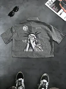 Men's Casual Plaid Shirt, Freehand Lady Liberty Print Short Top, Simple Versatile Buttoned Short Sleeve Blouse, Multi-Color Options