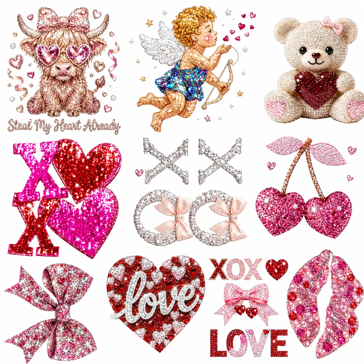 Bling Heart Valentine's Day DTF Heat Transfer Gangsheet - Unisex Easy-to-Apply DIY Craft Supplies with Cupid, Lips, Glitter Heart, Cherries, Bows, XOXO for Valentine Crafts, DIY Decorations, Boutique Collections