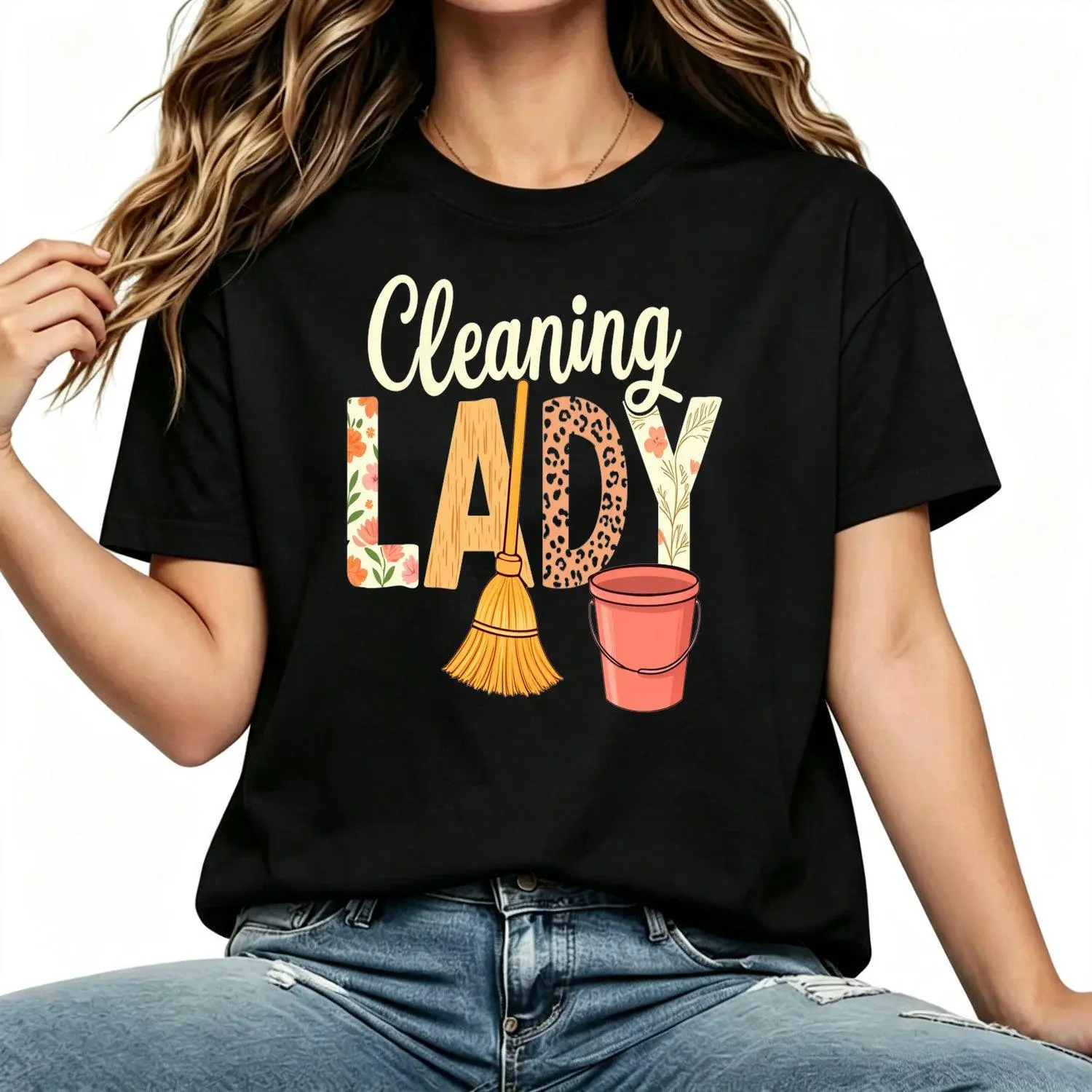 Women's Plus Size 0XL Black Printed Shortleeve Crew Neck Loose Fit Casual T-Shirts, Ideal for Cleaning Enthusiasts & Daily Use, Out2Retro Style Tops for Housekeeping Services, Shortsleeve