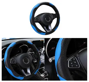 Car Steering Wheel Cover, 15 inch Carbon Fiber Microfiber PU Leather Elastic Steering Wheel Protector for Men Women, Anti-Slip Breathable Car Interior Accessories for Most Cars (Blue)