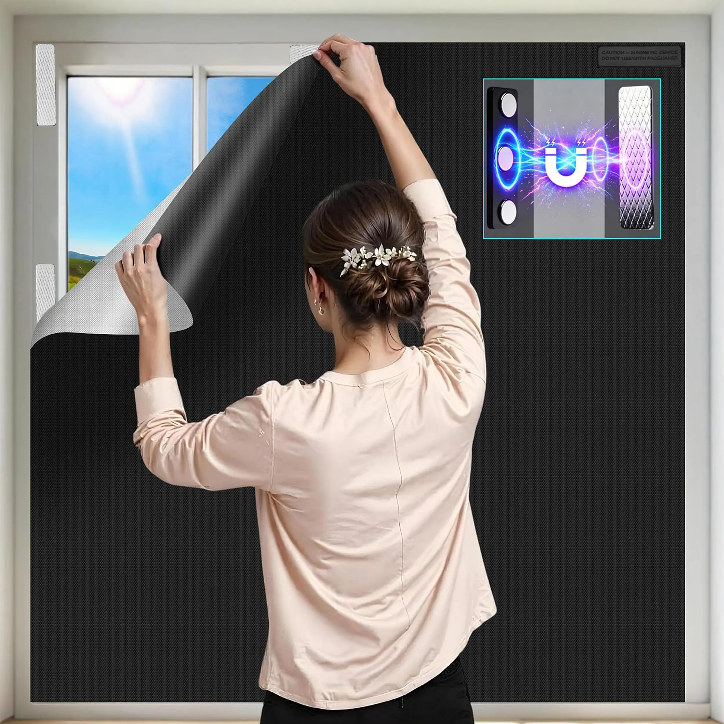 Portable Blackout Window Cover - Adhesive, No-Drill, Cuttable Thermal Shades with Magnetic Clip, Bedroom Use, Large Size 137x57 in, Travel Ready for Dorm RV