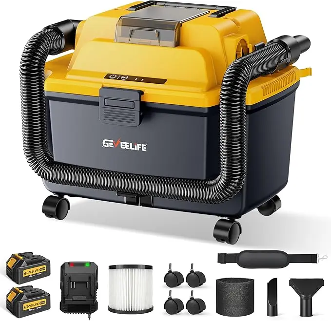 GEVEELIFE Cordless Wet/Dry Shop Vac - 4.3 Gal Tank, Dual 5.0Ah Long-Lasting Batteries, Fast Charger, HEPA Filter, Strap, Wheels, 3-in-1 Vacuum Cleaner for Garage, Car - Cordless Vacuum, Father's Day Gift