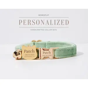 Customized Cat Collar in Sage Green Velvet, Engraved Kitties Collar Leash, Engraved Gold Cat Tag,Handmade Luxury Cat Collar for Puppy Collar
