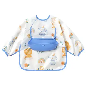 usbettas Baby Long Sleeve Smock Bib, Mess Proof Baby Bib, Toddler Waterproof Bibs Shirt for Boys Girls, Infant Feeding Smock for Eating, Baby Apron Silicone Bib with Food Catcher Pocket 12-36 Months