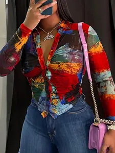 Women's All-Over Print Ruched Button-Front Fitted Blouse Shirt Garment, Casual Long Sleeve Collared Top for Winter, Ladies Clothes for Daily Wear, Womenswear