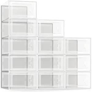 Large 12 Pack Shoe Storage Box, Clear Plastic Stackable Shoe Organizer for Closet, Space Saving Foldable Shoe Rack Sneaker Container Bin Holder organization drawer