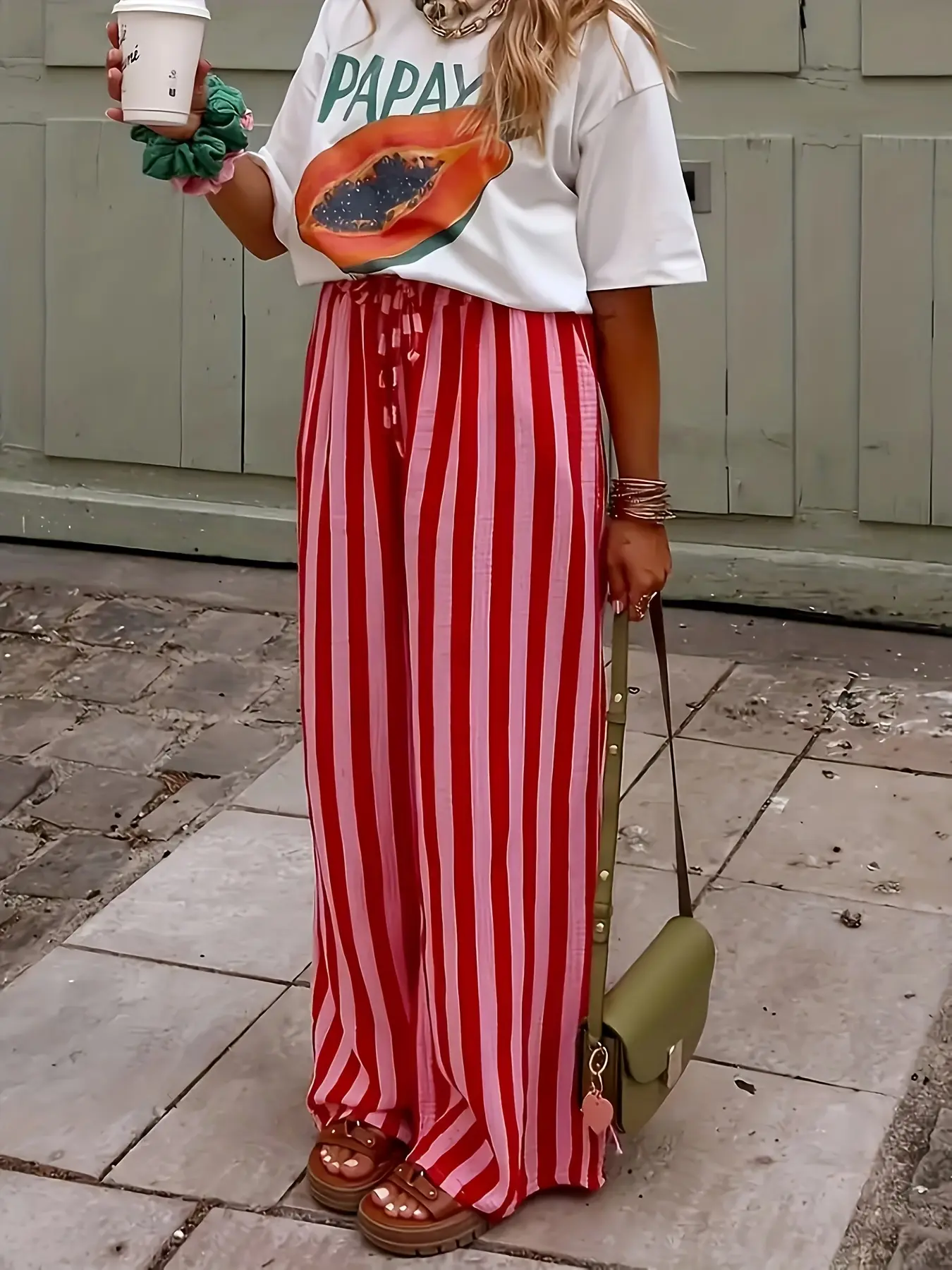 Spring & Fall Fashion New Women's Drawstring Loose Wide Leg Striped Pants, Comfortable and Stylish Long Trousers for Casual Wear
