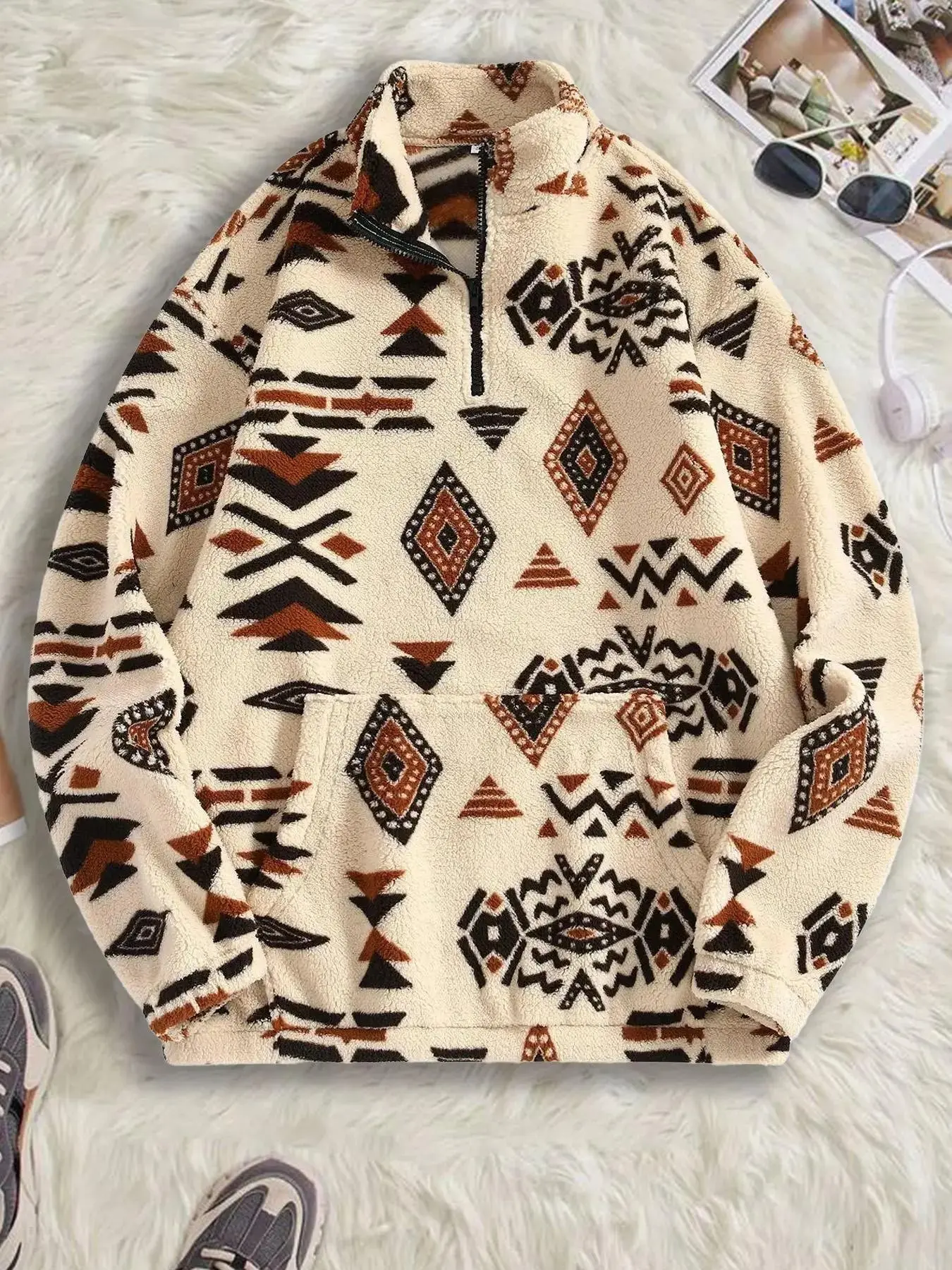 Men's Vintage Geometric Aztec Print Fleece Pullover - Warm Quarter Zip Sherpa Sweatshirt with Kangaroo Pocket - Oversized Western Streetwear Jacket for Winter Outdoor, Camping, and Daily Style