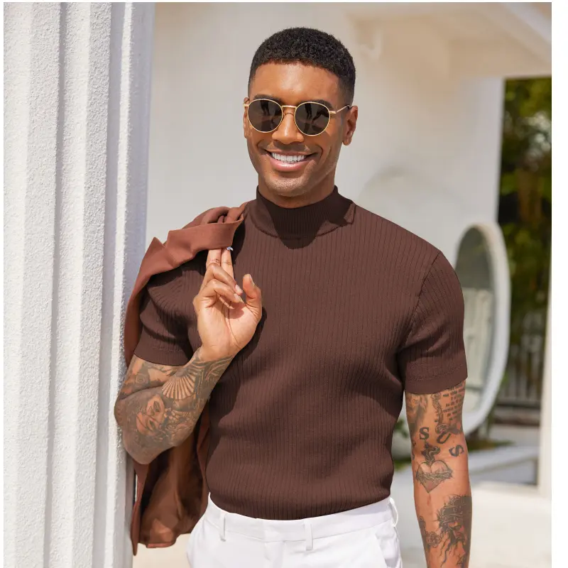 Coofandy Menswear Mock Turtleneck Shirts, Short Sleeve Ribbed Knit Pullover with Lightweight Breathable Fabric,back to school,back to school shopping, Denim