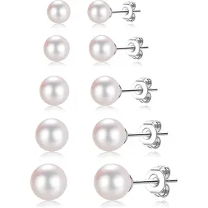 5 Pairs Pearl Earrings for Women Hypoallergenic Ball Studs Earrings Set Women 316L Surgical Steel Silver Pearl Earrings Birthday Valentines Day Gifts