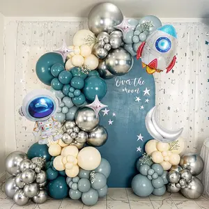 142PCS Space Themed Balloon Arch Kit Blue, Nude, Silver with Rocket & Astronaut for Baby Boy Party