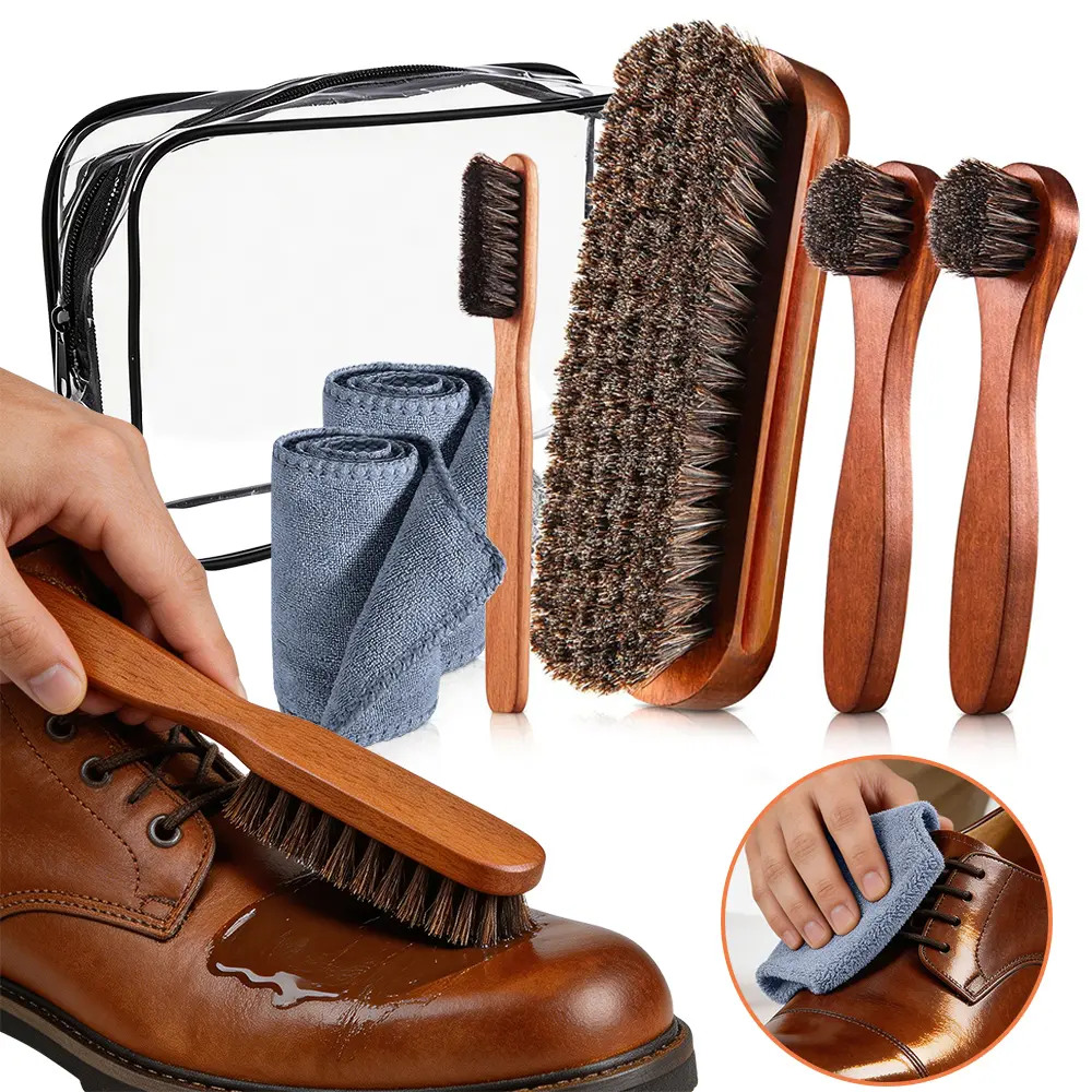 Pack of 7 Horsehair Shine Shoes Brush Kit Polish Dauber Applicators Cleaning Leather Shoes Boots Care Brushes Suede Cleaner Brush with Microfiber Shoe Cloth