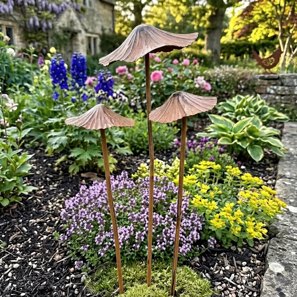 Set of 3 Metal Mushroom Garden Stakes - Rustic Whimsical Outdoor Decor for Flower Beds, Pathways, and Yards, Hand-Crafted Vintage Style Yard Art Sculptures - Weather-Resistant Garden Ornaments for Cottagecore Aesthetic Lovers, Unique Yard Gifts
