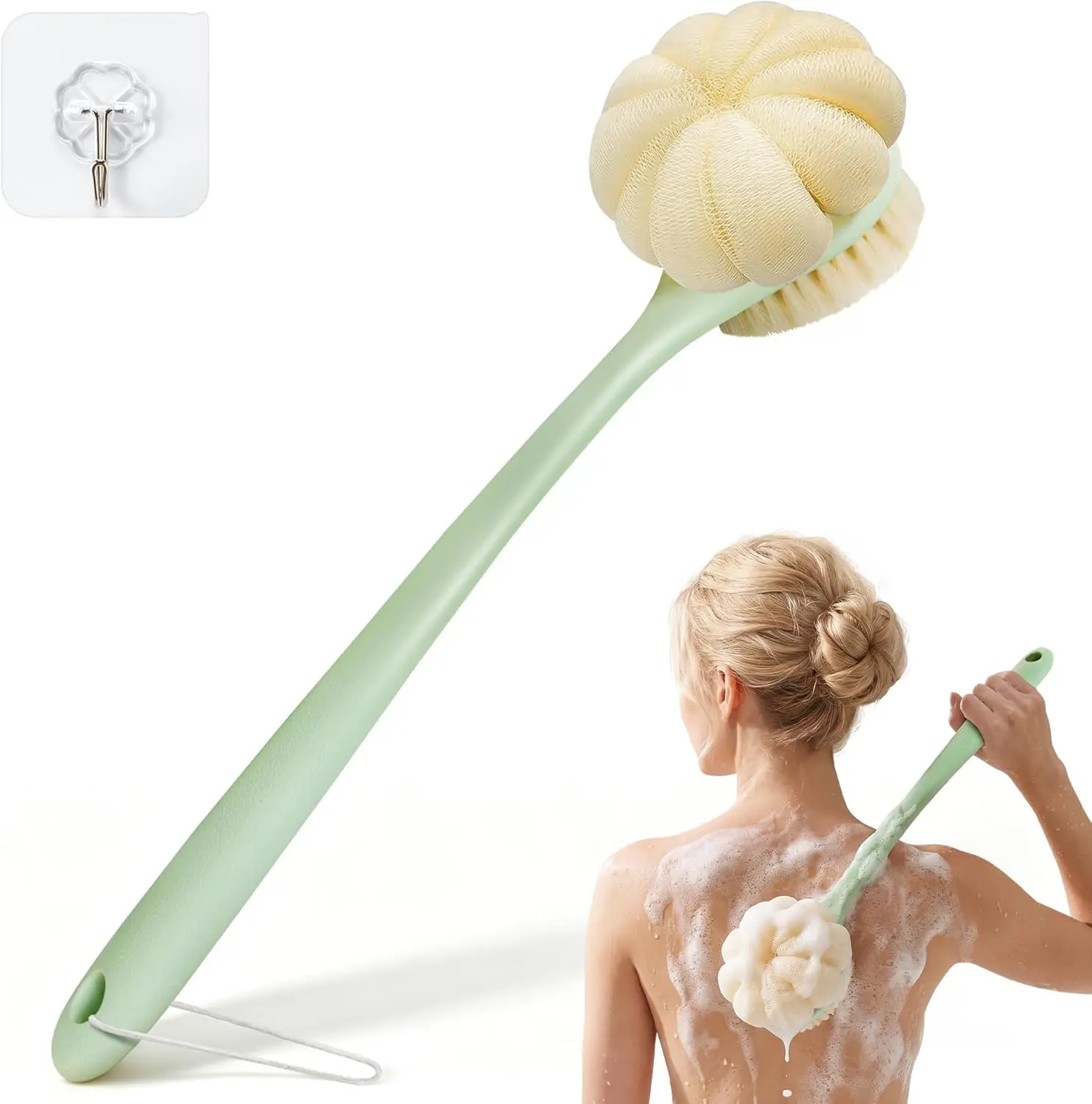 Back Scrubber for Shower with Long Handle, Loofah & Bristle Body Brush for Exfoliating, Cleansing Hard-to-Reach Areas