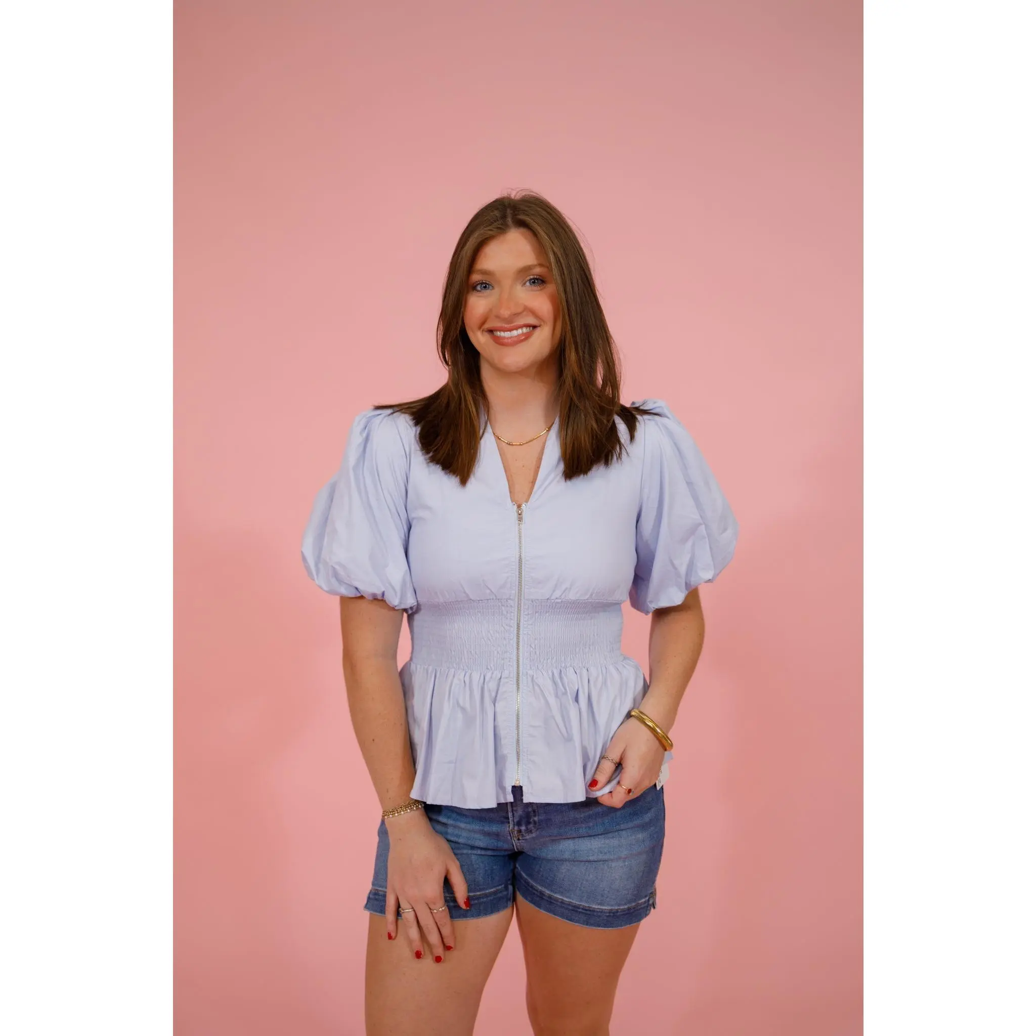 Puff Sleeve Zip Up Top, LT. BLUE
