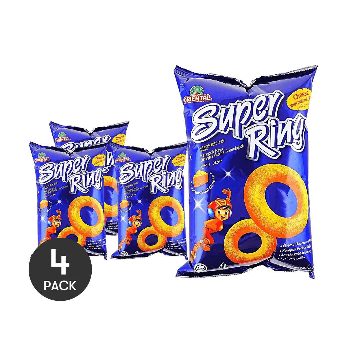 4 Pack ORIENTAL Malaysia Super Cheese Ring Snacks 2.65 oz Each - Rich Cheese Crispy Puffs