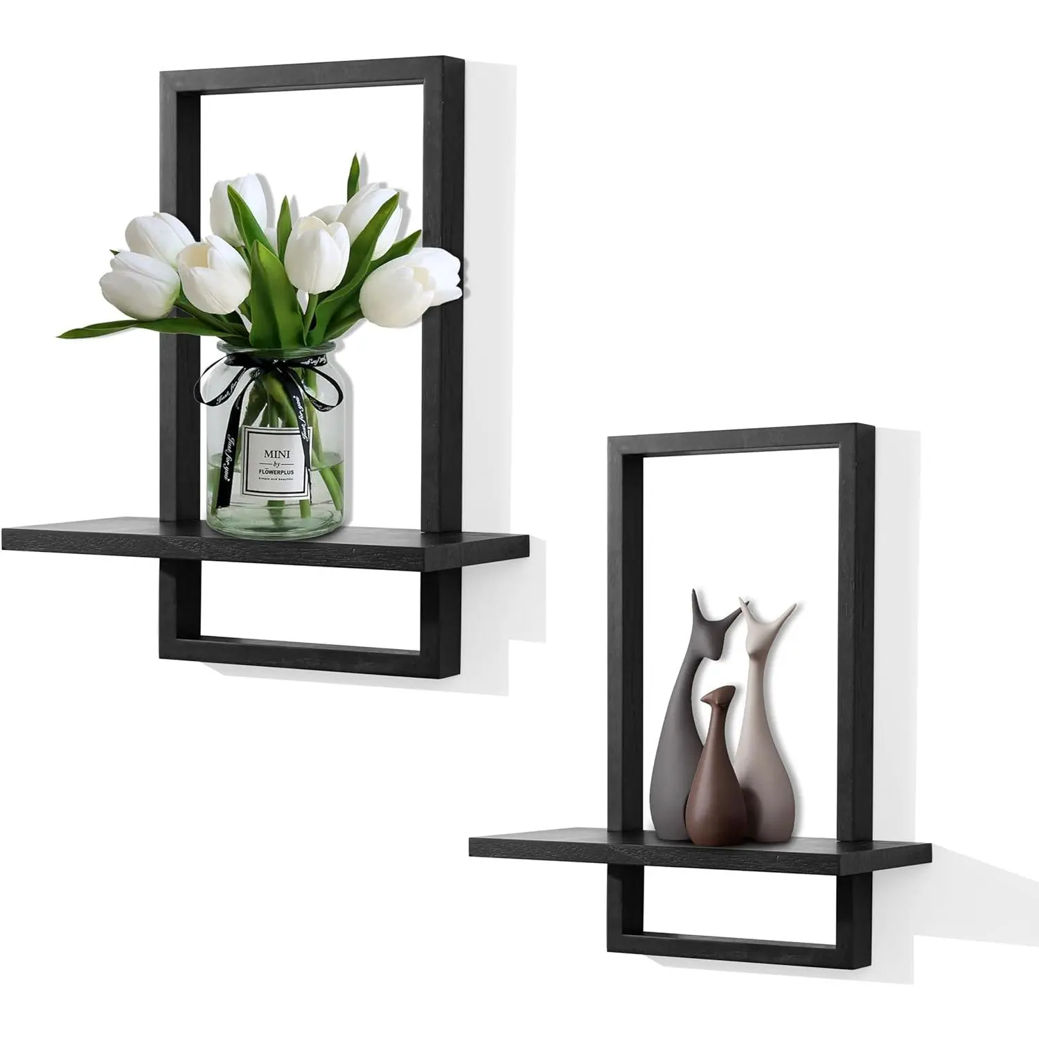 Square Floating Shelves,Wall  Holder,Bathroom Wall Decor,Framed Decorative Shelf Black,Modern Chic Set of 2 for Living Room Bedroom Home Office,Soild ,L+S