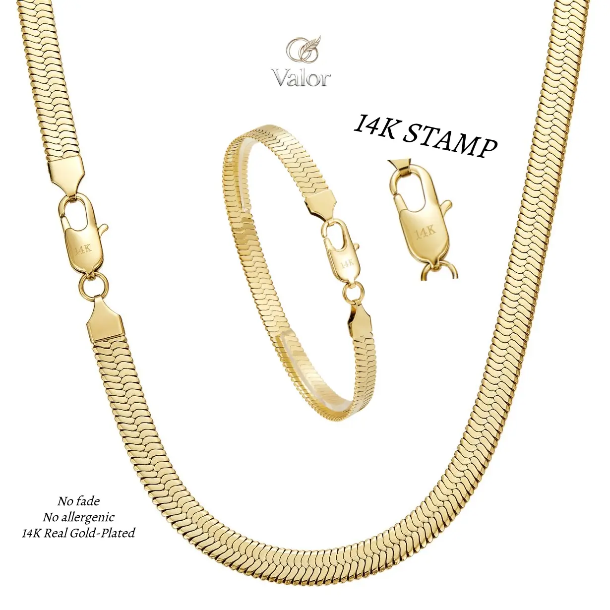 14K Real Gold Plated Herringbone Dainty Choker Necklace and Bracelet Flat Snake Bone Chain Titanium Waterproof and sweat-resistant with advanced Technology for Women and Men Multiple Lengths Jewelry trend Llight Uxury