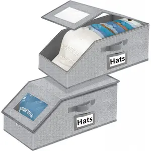Hat Organizer for Baseball Caps - 2PCS Stackable Storage with Clear Window Lid, Flip-Top Access, Space-Saving Hat Box for Closet, Breathable Fabric (Grey)