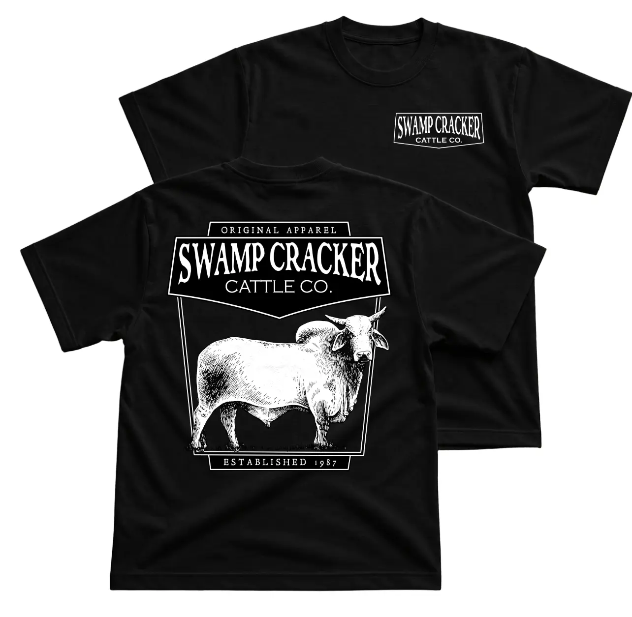 Swamp Cracker Cattle Company Bull T-Shirt, Western Ranch Graphic Tee With Brahman Cattle Back Print, Front Chest Cattle Co Logo Shirt, Southern Farm Workwear Outfit, Country Livestock Apparel Gift for Men and Women
