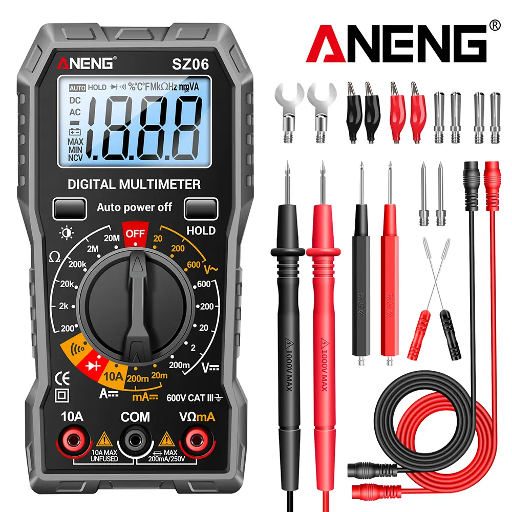 ANENG SZ306 Black Professional Smart Digital Multimeter - Automotive & Circuit Tester, 1999 Counts, 2-3/sec Response, 31.5x91x189mm, Measures AC/DC Voltage, DC Current, 20 MOhm Max Resistance, Diodes, EMF Detector, Powered by 1.5V AAA*2, 600Vac