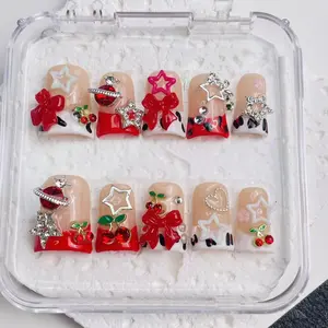 DiDazzle shop 10PCS Handmade 100% Reusable Acrylic Duckbill Press-on Nails | Cute Red Cherry Duckbill Press On Nails Y2K Bow Acrylic False Nails