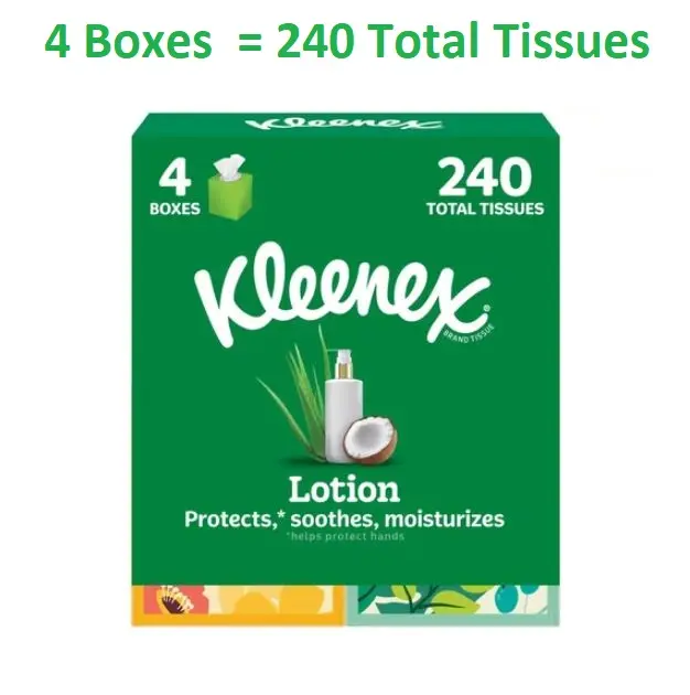 Kleenex Lotion Facial Tissues with Coconut Oil, 4 Cube Boxes, 60 Tissues per Box, 3-Ply