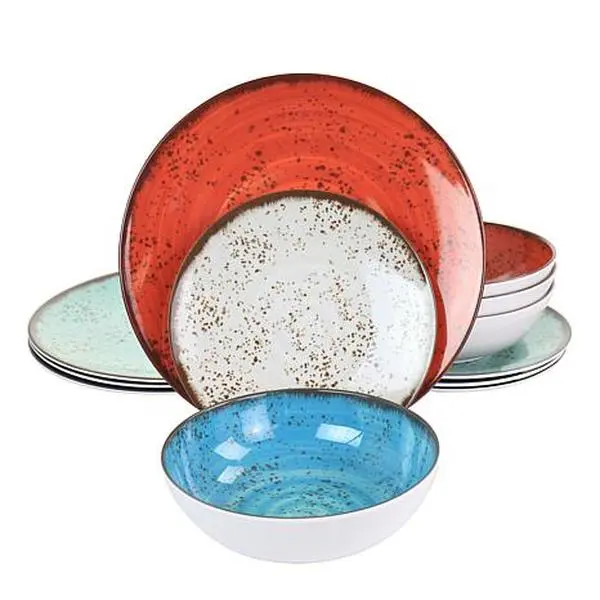 Elama Pryce 12-Piece Melamine Dinnerware Set is Assorted Colors Elama Pryce 12-Piece Melamine Dinnerware Set is Assorted Colors