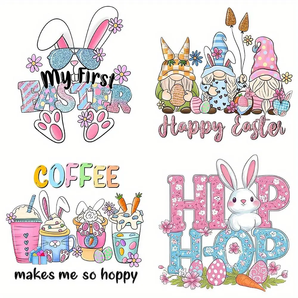 Cartoon Rabbit & Letter Pattern Iron-on Heat Transfer Sticker, 4 Counts/set DIY Decals for T-shirts & Backpacks, Festive Holiday Appliques