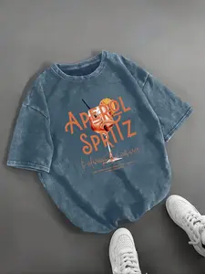 Vintage Aperol Spritz Cocktail Print Round Neck Washed Short Sleeve T-Shirt, Casual Fitted Loose Fit Streetwear Top