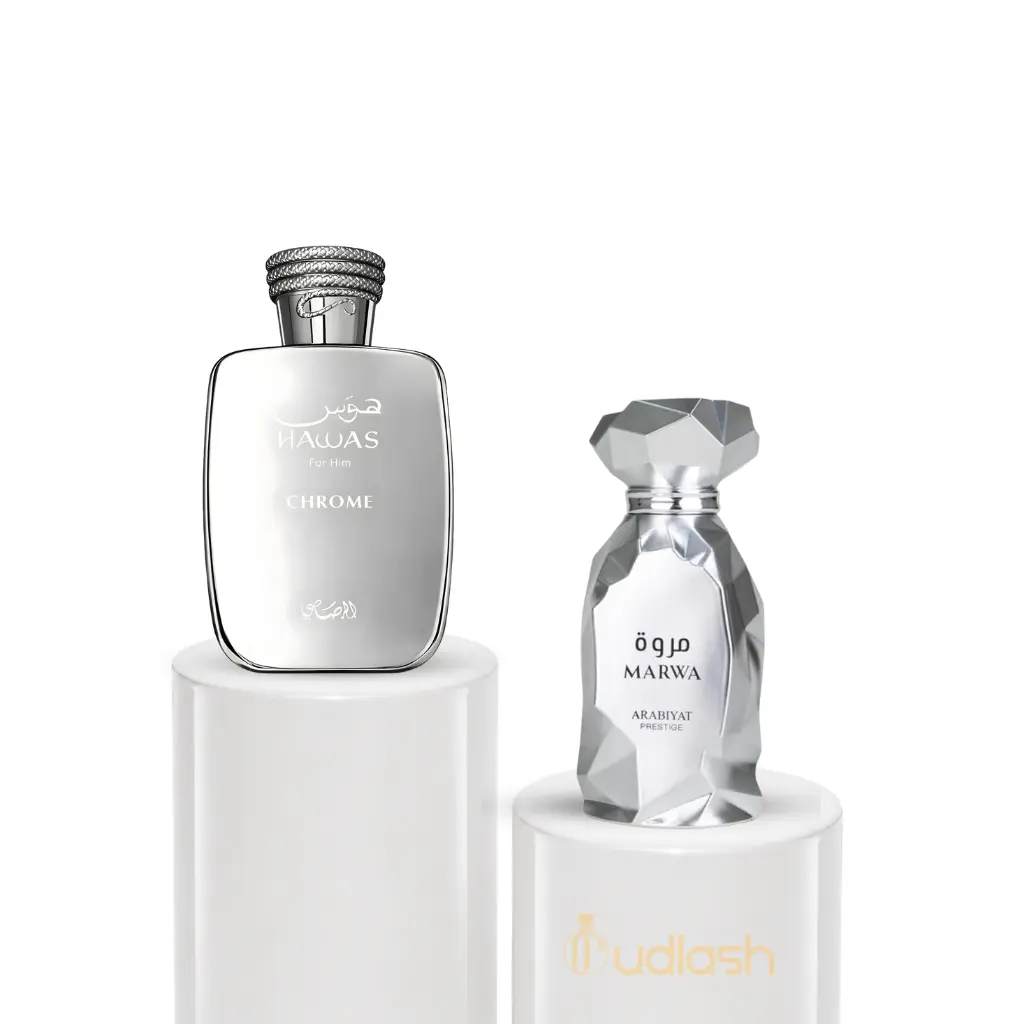 Oudlash Bundle | Hawas Chrome + Arabiyat Marwa | Men's Fragrance | 100 ML - 3.4 OZ | Eau De Parfum | Nigerian Ginger - Ceylon Cinnamon & Tunisian Neroli