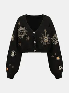Women's V Neck Single Button Sun Star Embroidery Knit Sweater, Loose-Fitting Long Sleeve Everyday Casual Knitwear Cardigan Womenswear for Fall & Winter