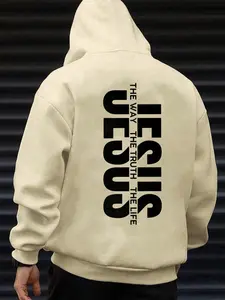 Men's Jesus The Way The Truth The Life Letter Print Knitted Hoodie, Fitted Casual Long Sleeve Graphic Hooded Sweatshirt for Daily Wear, Men's Clothes for Fall & Winter