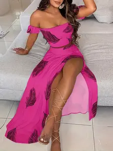 Elegant Bohemian Women's A-Line Long Dress Set, Fitted, Beach Vacation, Ruched Top + Elastic Waist Feather Print Skirt, Aesthetic Chic