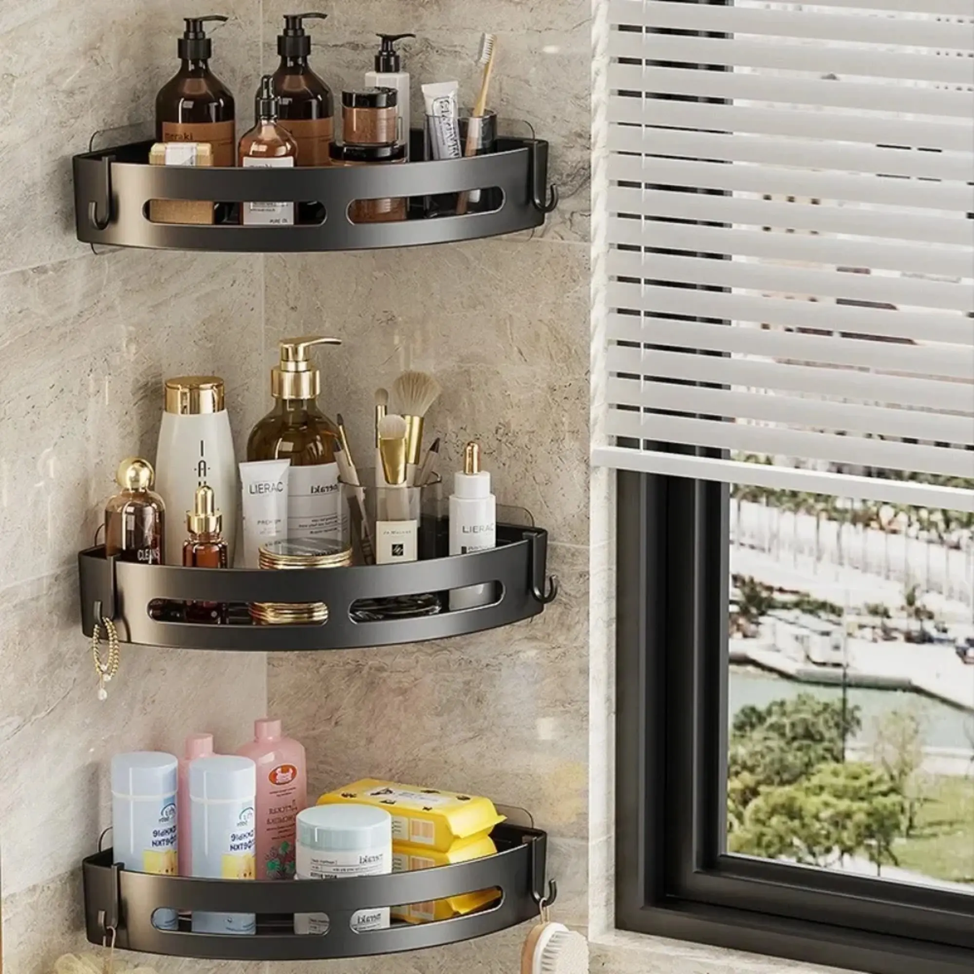 3PCS Wall-Mounted Strong Adhesive No-Drill Shower Rack Set, Waterproof Bathroom Accessories Organizer with Shampoo & Towel Holder for Easy Installation