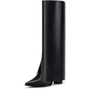 IDIFU Women's Comfort Knee-High Sniptoe Boots, Slit design Block Heel Booties Girl, Elegant Walking Shoes for Winter, Warm Lining Pointed Toe Footwear