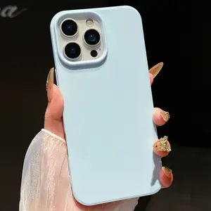 Matte Macaron Blue Edge Solid Liquid Silicone Anti-Drop Shockproof Phone Case Cover, Blogger Design for Girls, Fits iPhone 16e/16 Pro Max/15 Pro Max/14/12/11 Pro Accessories