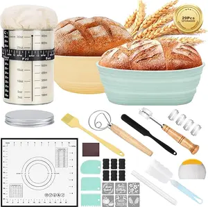 Sourdough Starter Kit, Sourdough Bread Baking Supplies with 9'' Round Banneton Bread Proofing Basket, 34oz Sourdough Starter Jar, Bread Lame, Dough Scraper, Dough Whisk & Silicone Baking Mats