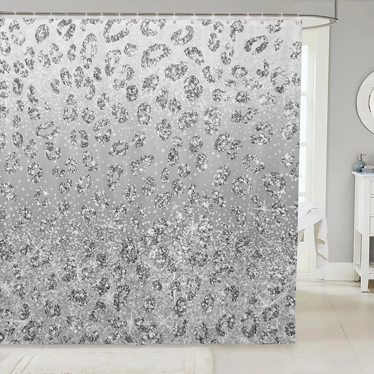 Feelyou Diamond Sequins Waterproof Polyester Bath Curtain, Dreamy Princess Style with Digital Printing, Gray Shower Curtains for Bathroom, 72"x72"–84" Fit, 78" or 84" Long Silver Shiny Bathroom Use Liner