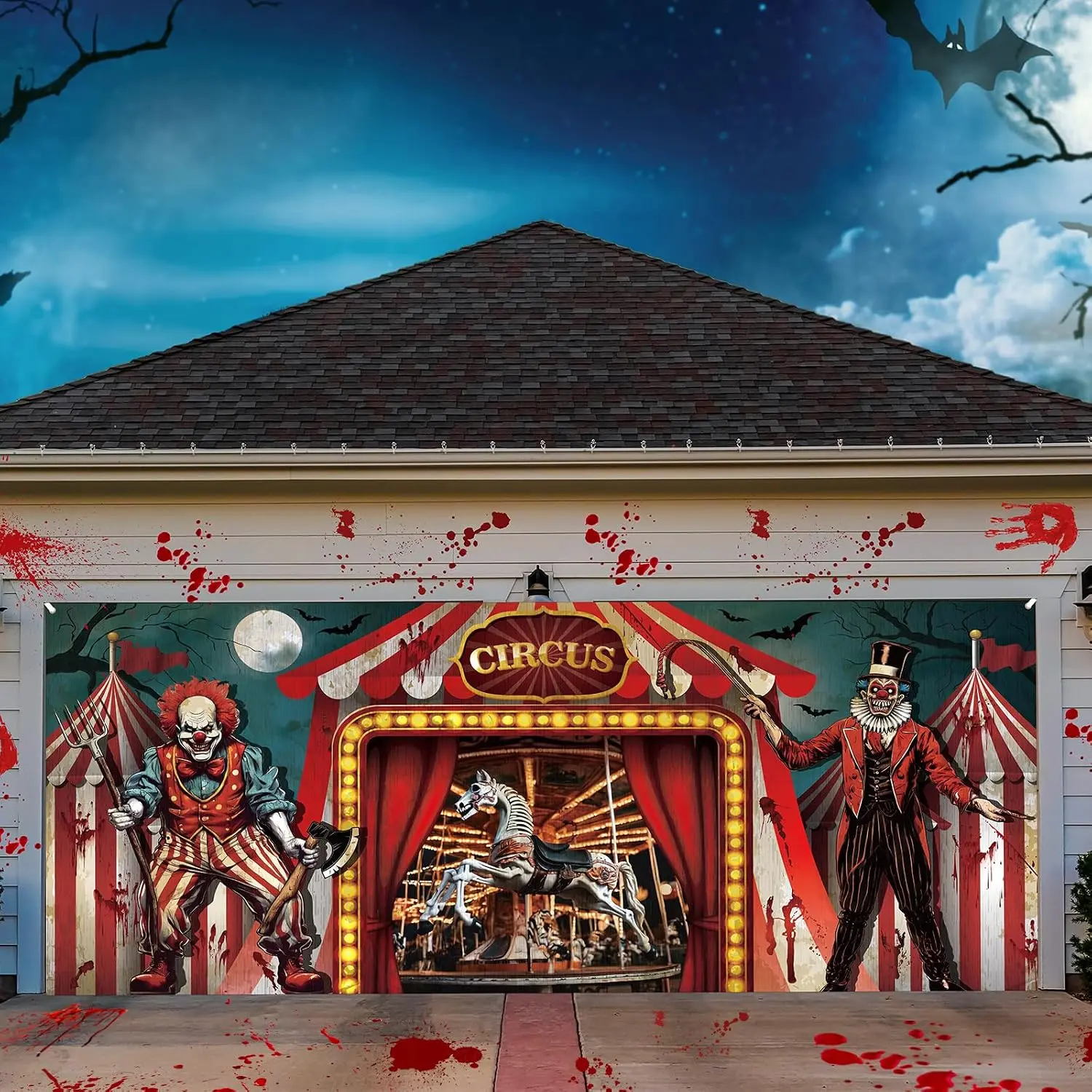 Halloween Decor Giant Garage Door Banner, 7x16 FT Holiday Backdrop with Spooky Ghost, Witch and Skeleton, Outdoor Home Decoration for 2-Car Garage, Front Door, Wall Display and Trick-or-Treat Parties