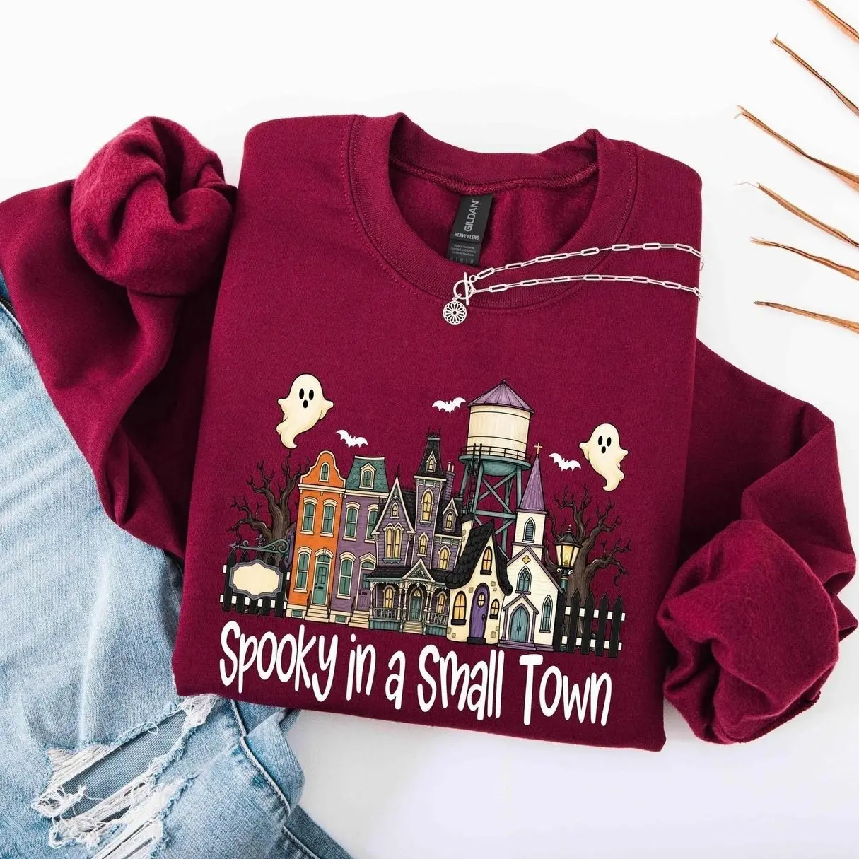 Spooky In A Small Town Halloween Sweatshirt, Haunted House Crewneck, Spooky Season Fall Graphic Hoodie, Cute Cottagecore Ghost Apparel, Cozy Autumn Aesthetic Jumper, Vintage Country Halloween Clothing, Trendy Spooky Season Gift For Women Men